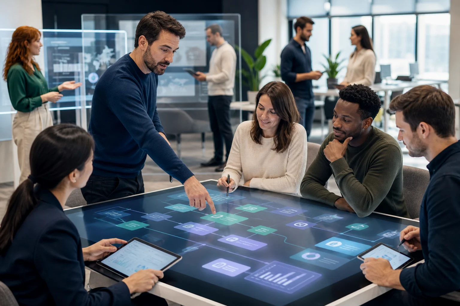A team collaborating around an interactive table in a modern office