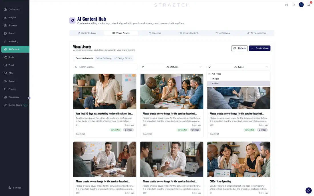 STRAETCH AI Content Hub showing visual assets and content generation