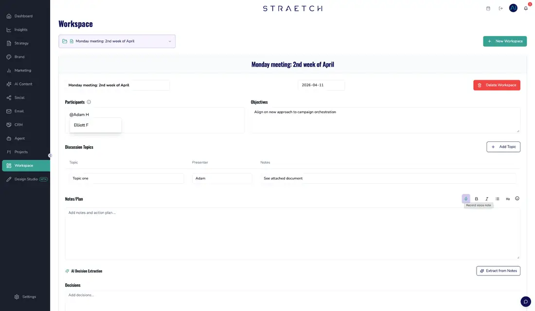 STRAETCH workspace showing meeting notes and discussion topics