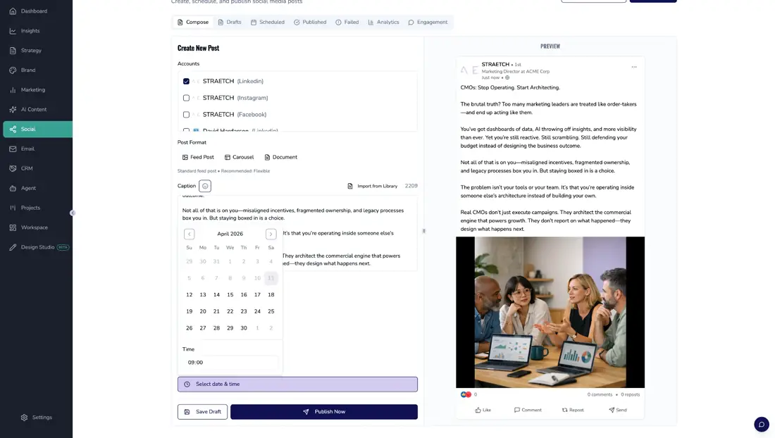 STRAETCH social publishing with LinkedIn post preview