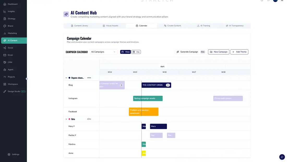 STRAETCH campaign calendar with weekly view and content scheduling