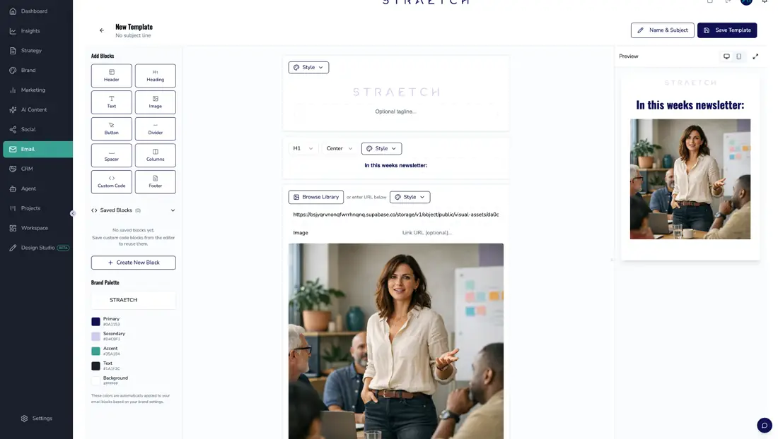 STRAETCH email builder with drag-and-drop blocks and brand palette